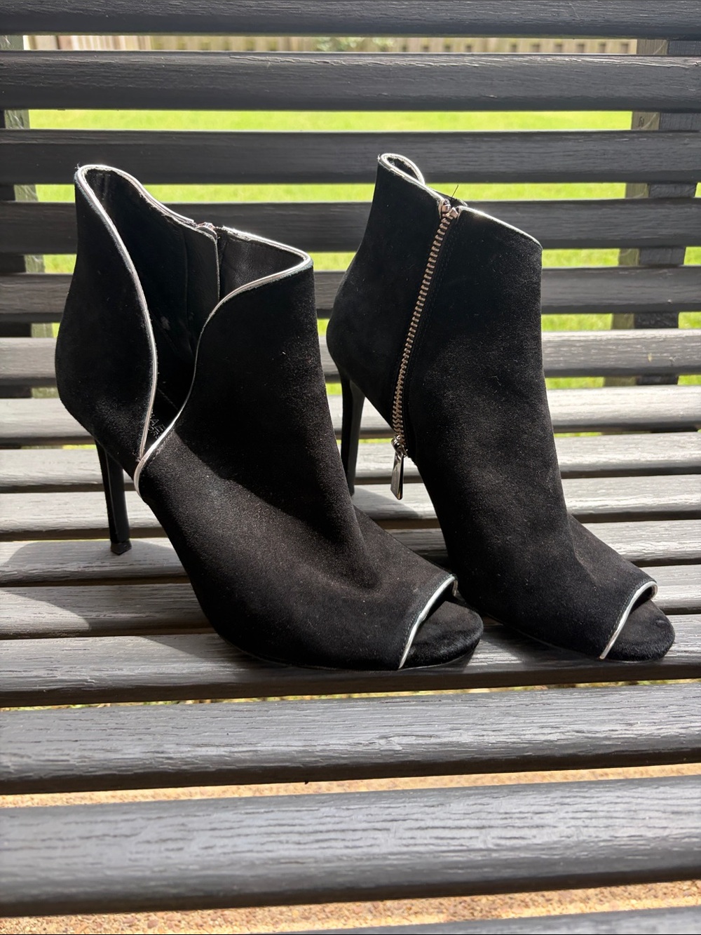 Michael Kors Black Suede Peep-Toe Ankle Boots with Zip Detail